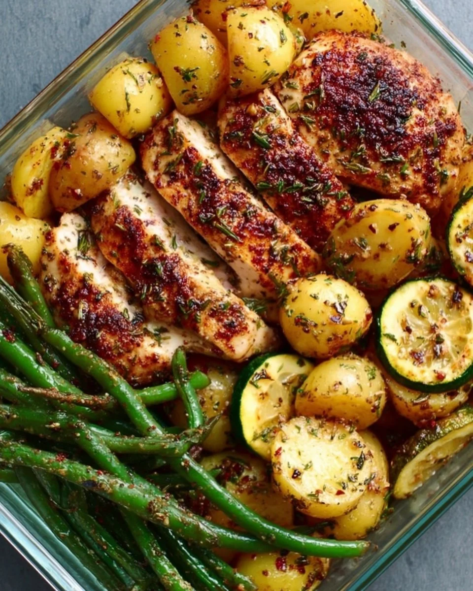 Lemon garlic chicken meal prep with vegetables in meal containers