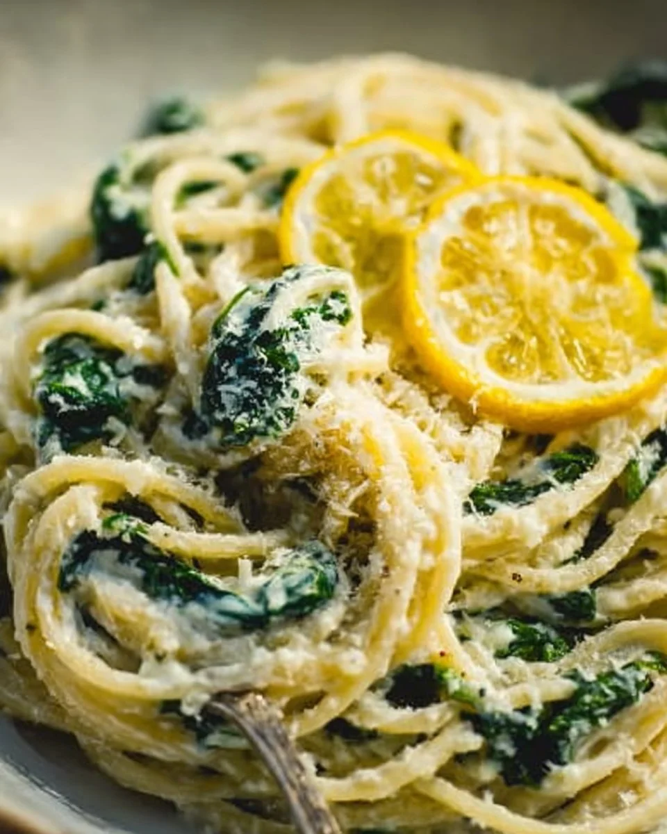 Lemon ricotta pasta with fresh spinach served in a bowl