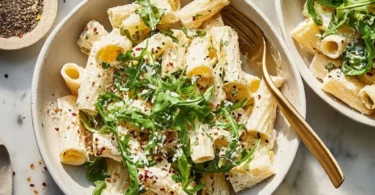 Delicious Lemon Ricotta Pasta with Arugula served in a bowl