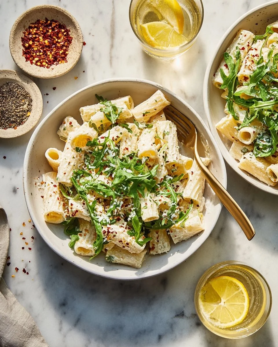 Delicious Lemon Ricotta Pasta with Arugula served in a bowl