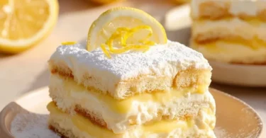 Delicious Lemon Tiramisu dessert garnished with lemon zest and mint leaves