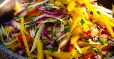 Colorful mango slaw served in a bowl with fresh ingredients.