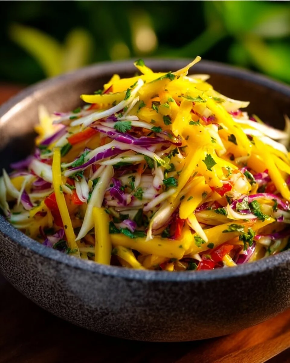Colorful mango slaw served in a bowl with fresh ingredients.