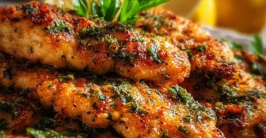Delicious Mediterranean Chicken Tenders served on a plate with herbs and vegetables