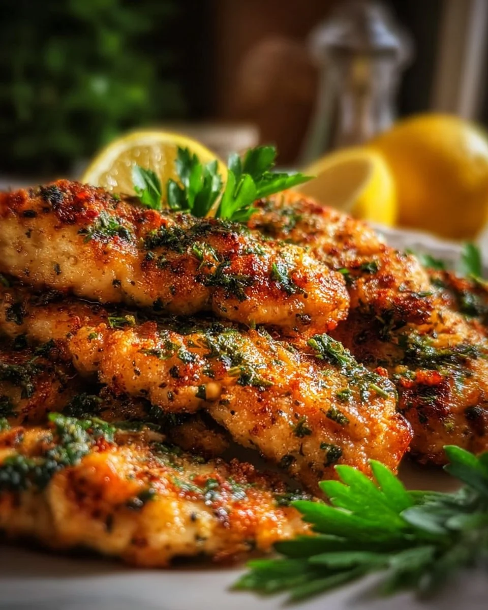 Delicious Mediterranean Chicken Tenders served on a plate with herbs and vegetables