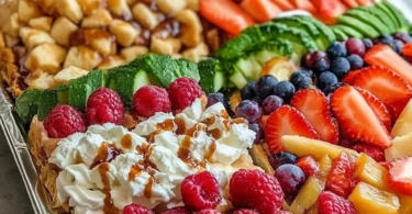 Assorted delectable party trays from Nana's featuring fresh fruits, cheeses, and more