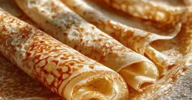 Delicious homemade oatmeal crepes stacked with fruit and syrup