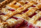 Homemade old-fashioned rhubarb pie with a golden crust and vibrant filling