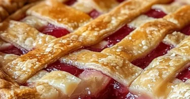 Homemade old-fashioned rhubarb pie with a golden crust and vibrant filling