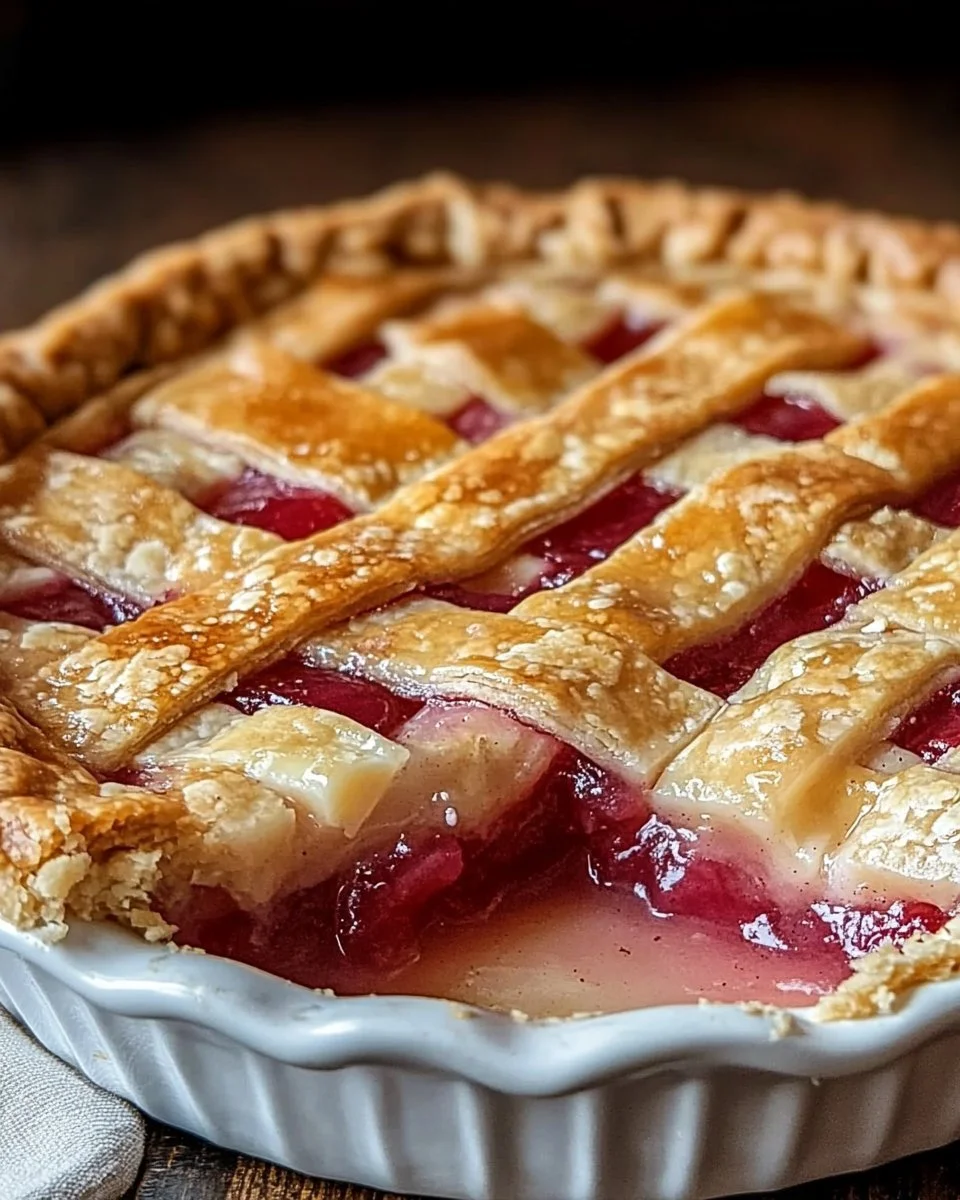 Homemade old-fashioned rhubarb pie with a golden crust and vibrant filling