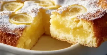 One-bowl lemon cake topped with lemon glaze and fresh berries