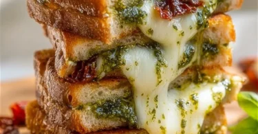 Melted Pesto Grilled Cheese sandwich on a plate with herbs