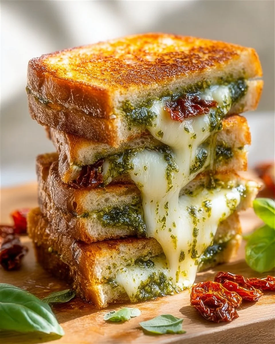 Melted Pesto Grilled Cheese sandwich on a plate with herbs