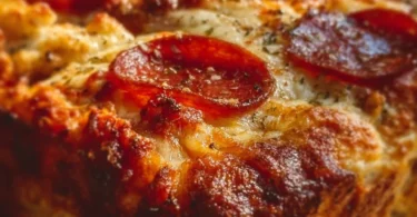 A cheesy Pizza Cottage Cheese Bake topped with fresh vegetables and herbs.