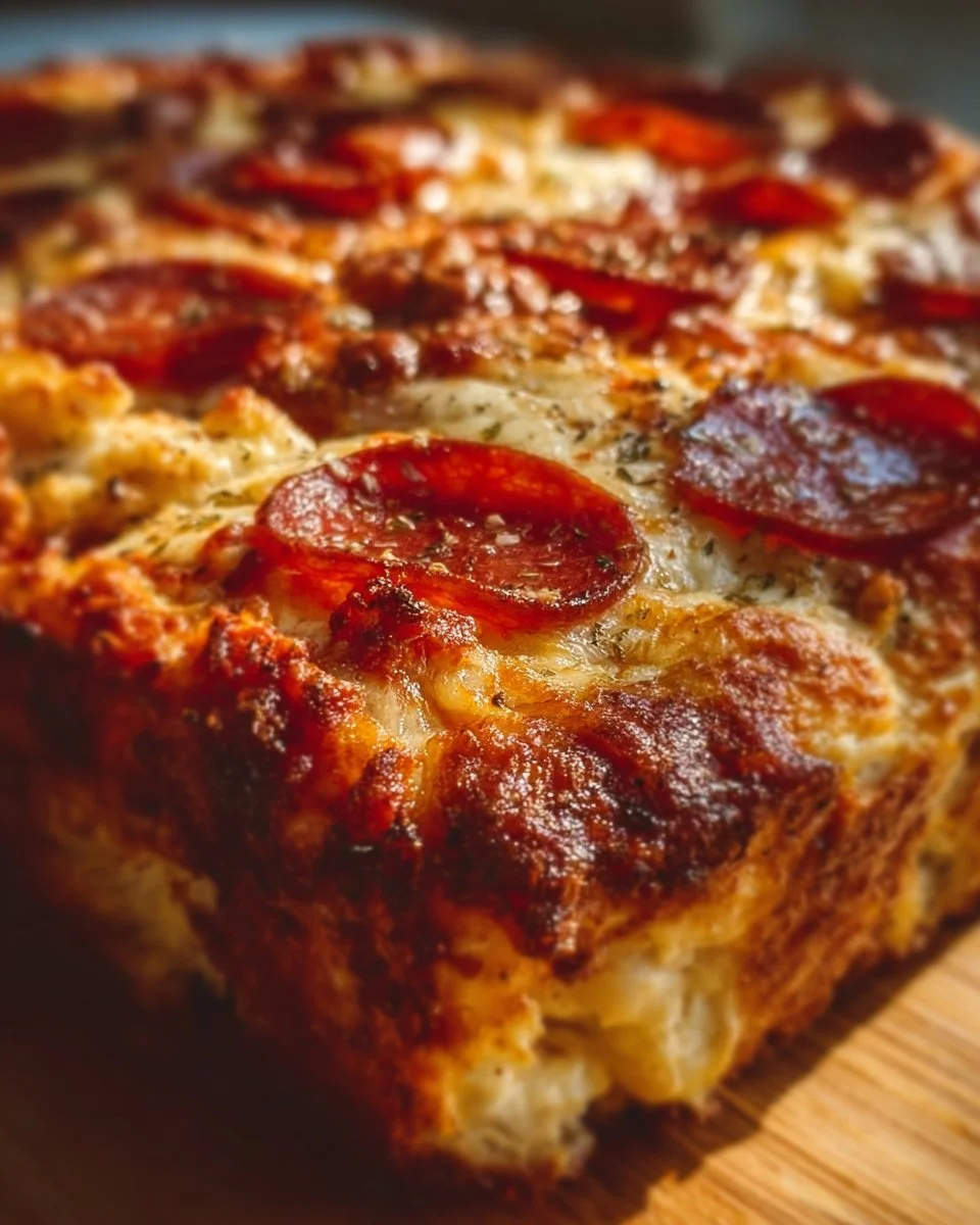 A cheesy Pizza Cottage Cheese Bake topped with fresh vegetables and herbs.