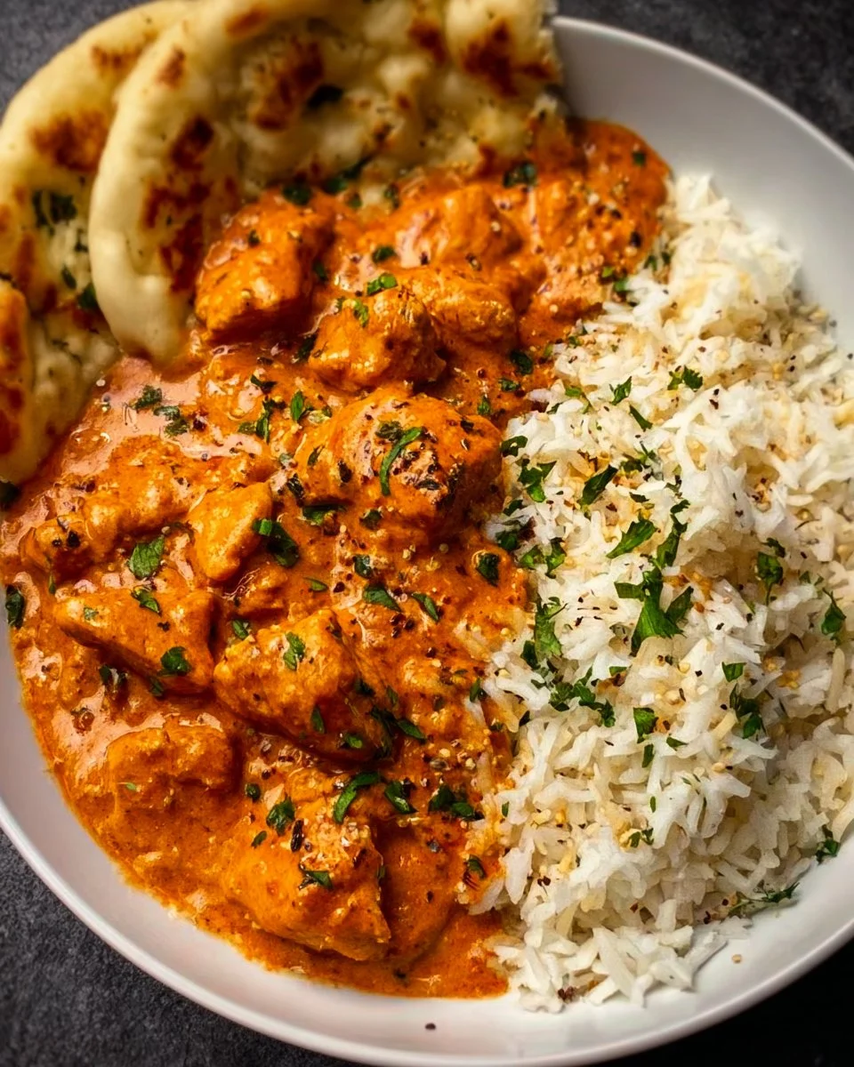 Delicious homemade butter chicken served with rice and garnished with cilantro.
