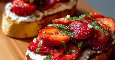 Roasted strawberry toast with whipped ricotta and fresh basil on a wooden board
