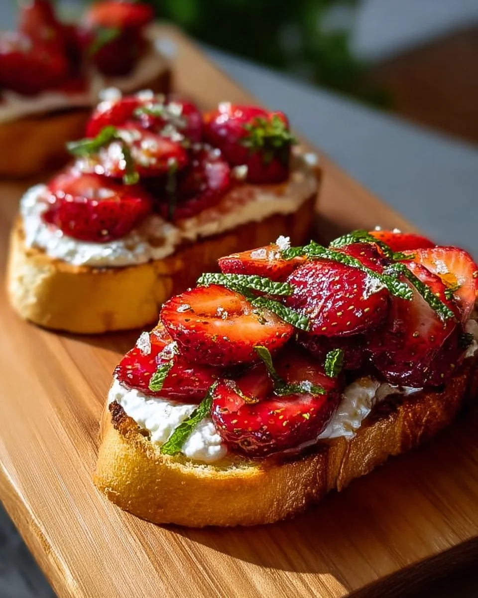 Roasted strawberry toast with whipped ricotta and fresh basil on a wooden board
