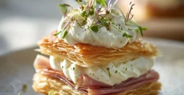 Savory mille-feuille layered with lemon-ricotta and prosciutto on a plate