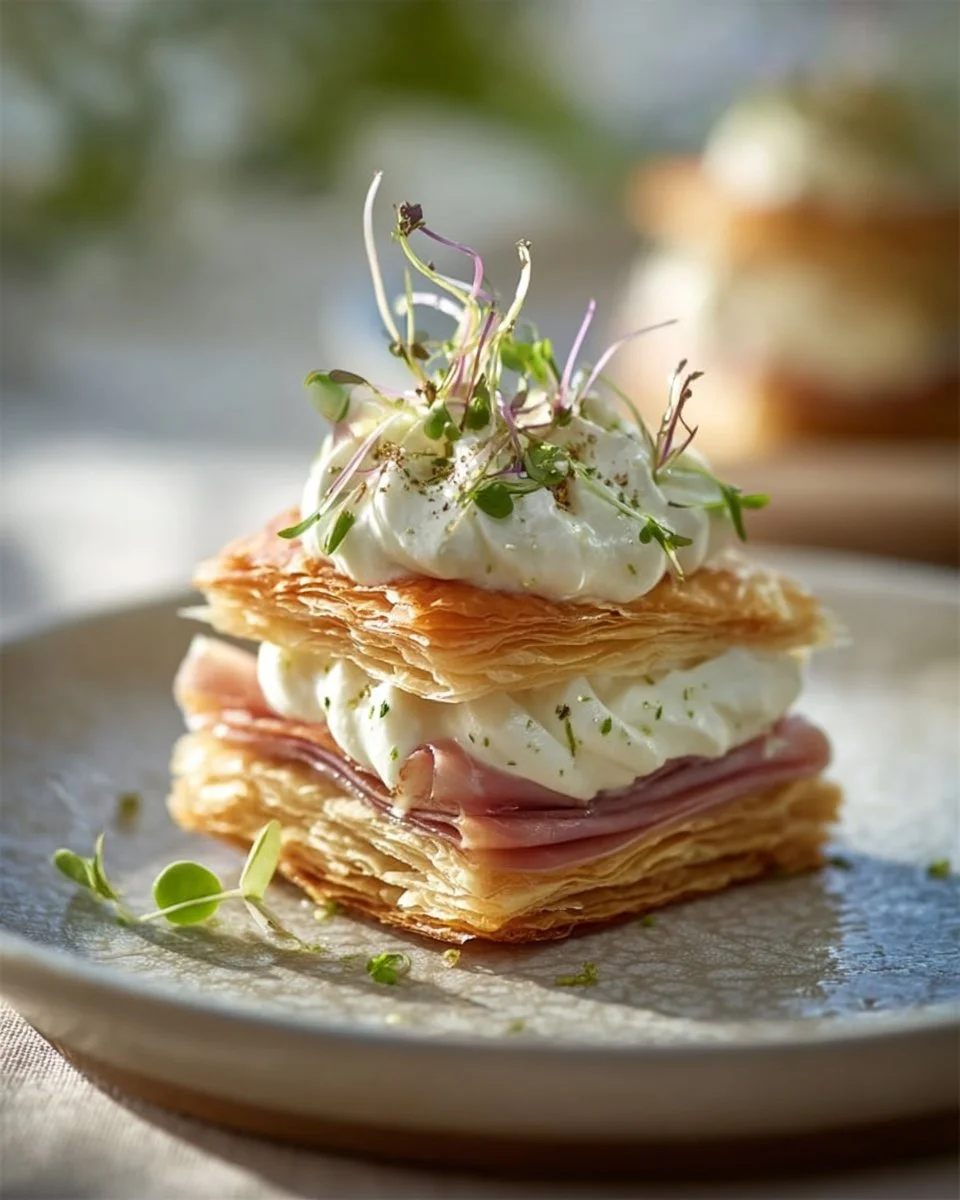 Savory mille-feuille layered with lemon-ricotta and prosciutto on a plate