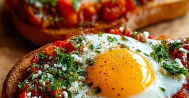 Delicious Shakshuka Toast topped with eggs and spices on crispy bread