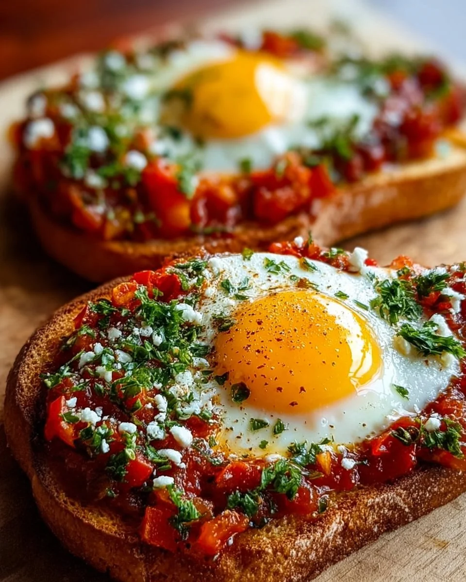 Delicious Shakshuka Toast topped with eggs and spices on crispy bread