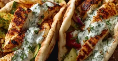Sheet Pan Chicken Pitas topped with Herby Ranch dressing on a platter
