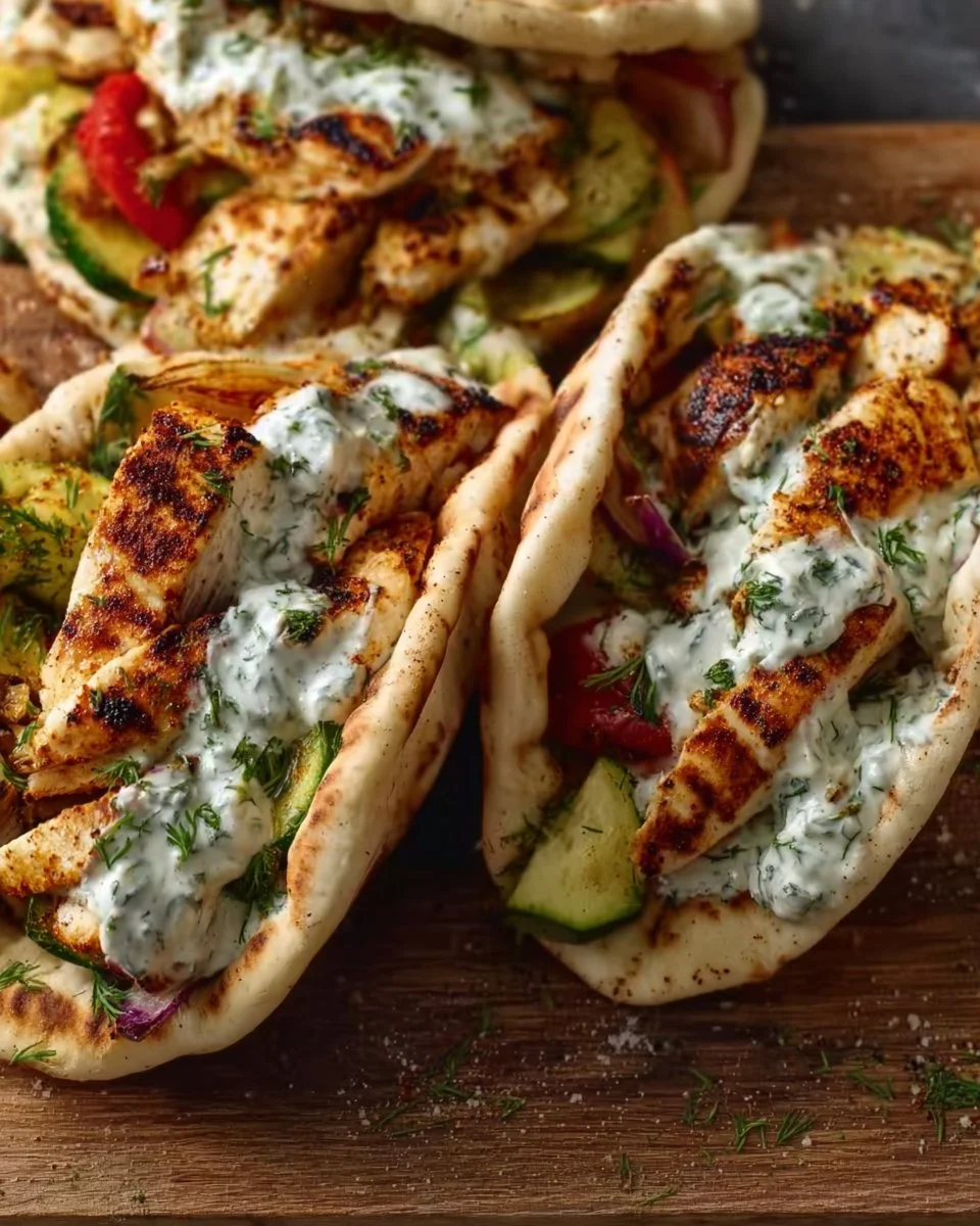 Sheet Pan Chicken Pitas topped with Herby Ranch dressing on a platter