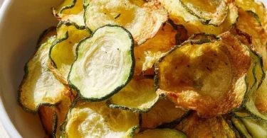 Bowl of crispy salt and vinegar zucchini chips on a wooden table