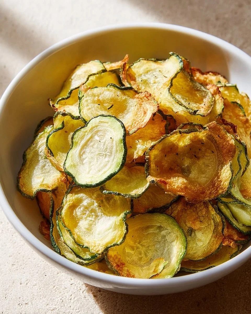 Bowl of crispy salt and vinegar zucchini chips on a wooden table