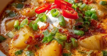 Bowl of spicy Cajun potato soup garnished with fresh herbs and spices