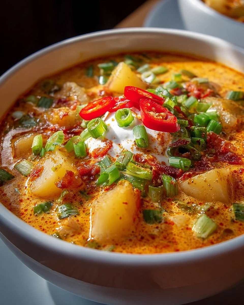 Bowl of spicy Cajun potato soup garnished with fresh herbs and spices