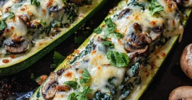 Spinach, Mushroom, and Ricotta Stuffed Zucchini Boats plated and ready to serve
