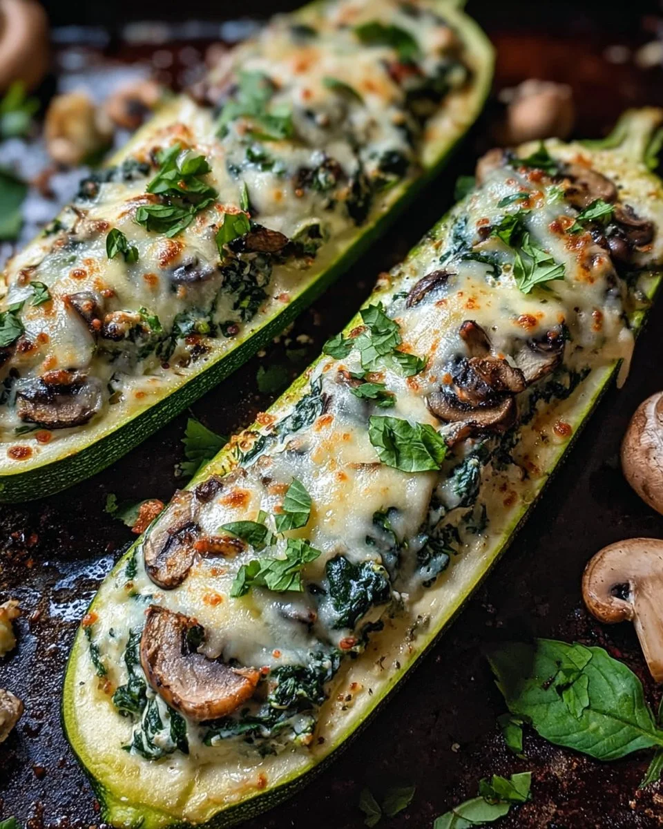 Spinach, Mushroom, and Ricotta Stuffed Zucchini Boats plated and ready to serve