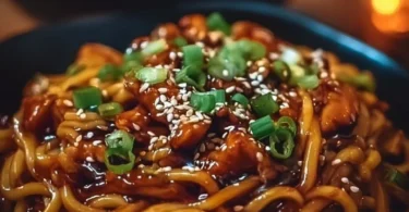 Plate of Sticky Garlic Chicken Noodles garnished with green onions