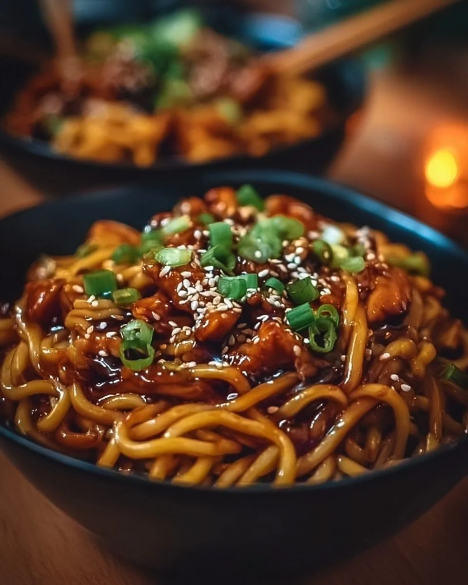 Plate of Sticky Garlic Chicken Noodles garnished with green onions