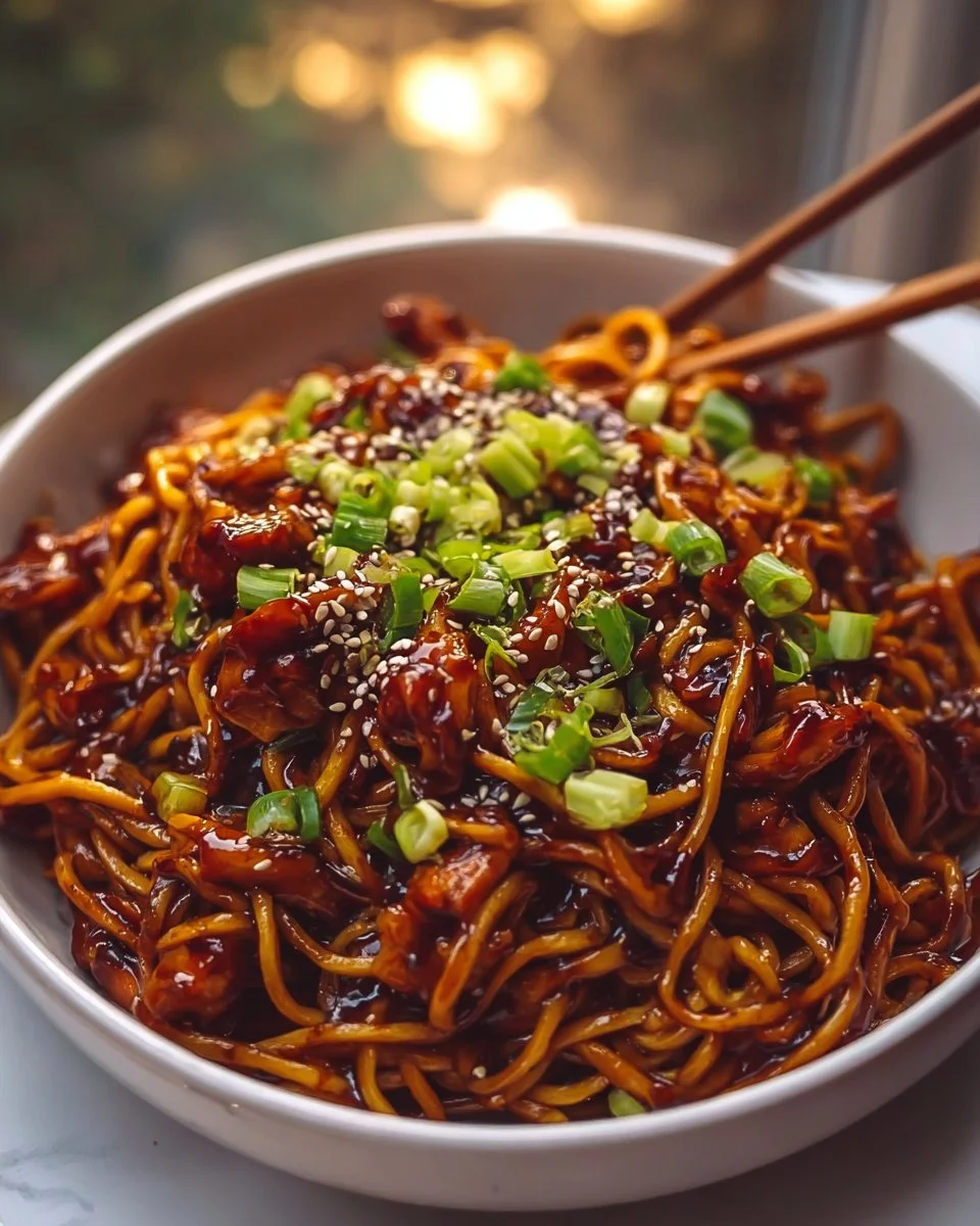 Delicious sticky garlic chicken noodles garnished with green onions.