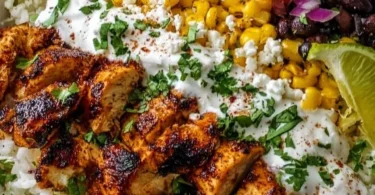 Delicious street corn chicken rice bowl topped with fresh ingredients