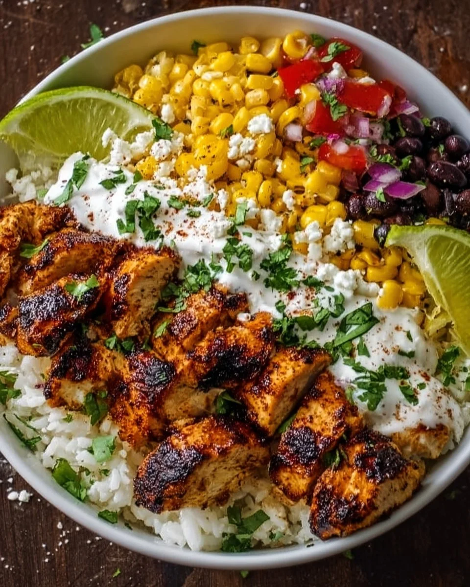 Delicious street corn chicken rice bowl topped with fresh ingredients