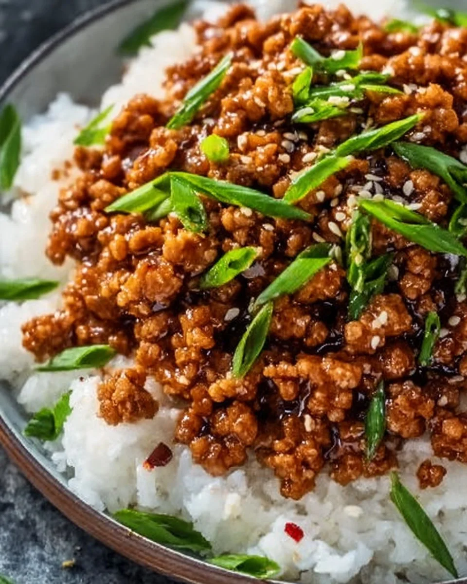 Honey garlic ground turkey served in a bowl with fresh vegetables and rice