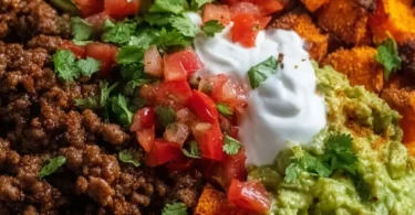 Delicious sweet potato taco bowl with vibrant toppings and textures