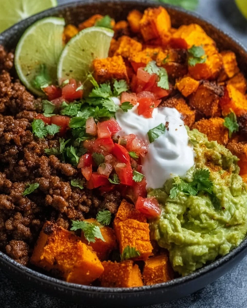 Delicious sweet potato taco bowl with vibrant toppings and textures