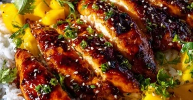 Plate of sweet and savory Asian mango glazed chicken twists