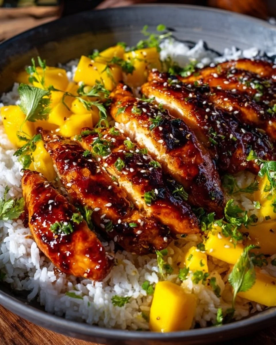Plate of sweet and savory Asian mango glazed chicken twists