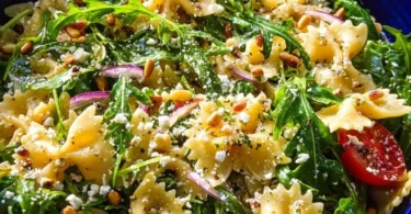 Tangy lemon arugula pasta salad served in a bowl with vibrant ingredients.