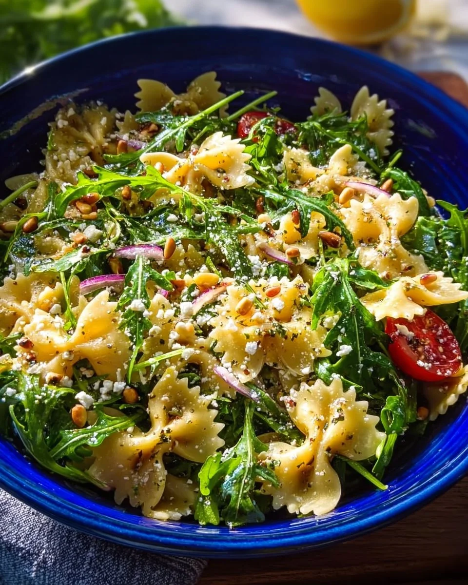 Tangy lemon arugula pasta salad served in a bowl with vibrant ingredients.