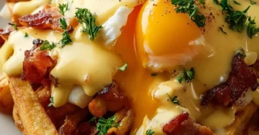 Ultimate breakfast poutine with creamy hollandaise sauce served on a plate
