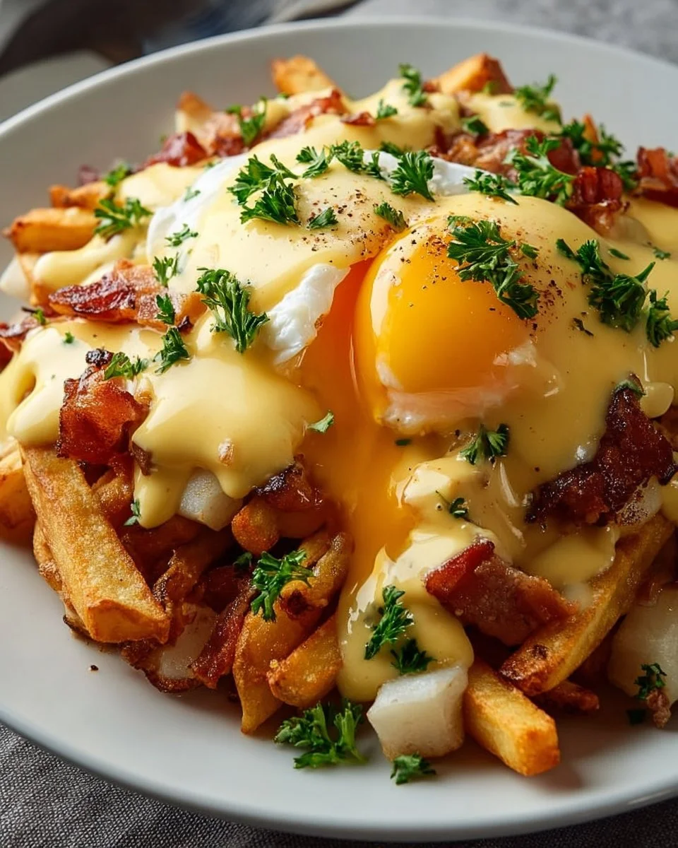 Ultimate breakfast poutine with creamy hollandaise sauce served on a plate