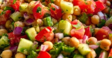 Vegan ceviche style chickpeas served in a bowl with fresh herbs and lime.