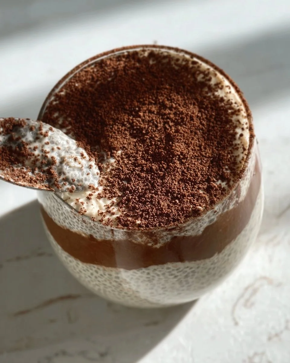 Viral gluten free tiramisu chia pudding in a glass with cocoa topping